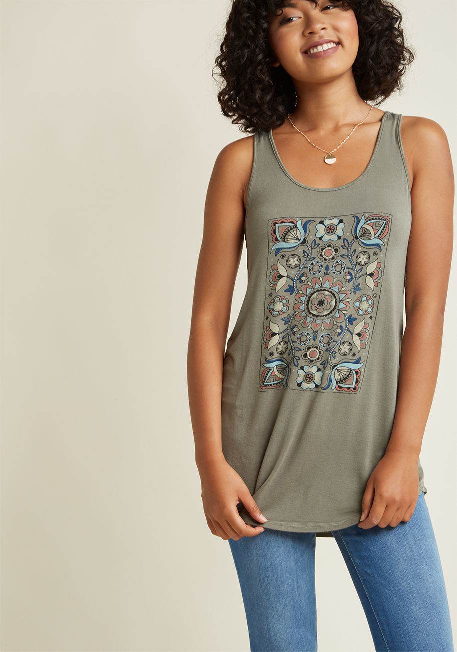  - We're not messing around - when you slip this muted olive top over your frame, you'll be rocking wonderful folk-art florals! With a scoop neckline, an A-line silhouette, and a soft jersey knit, this ModCloth-exclusive tank gives you something to giggle ab