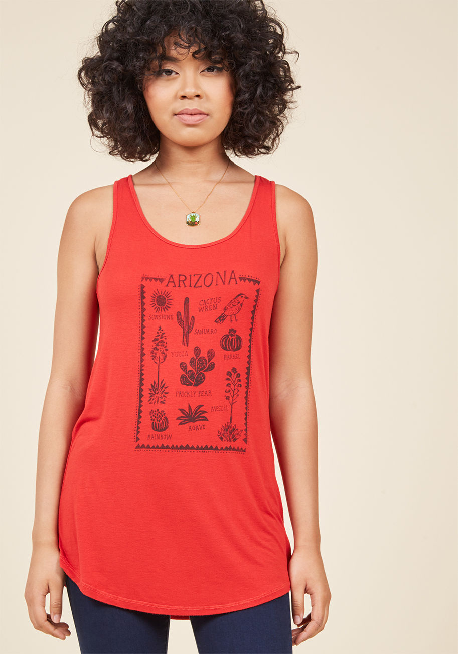  - What treasures will you spot under the sun today? Turn to this red tank top to find out! Below this ModCloth-exclusive tunic's scoop neckline, an illustrated screen print showcases some of Arizona's finest natural findings. How fun!