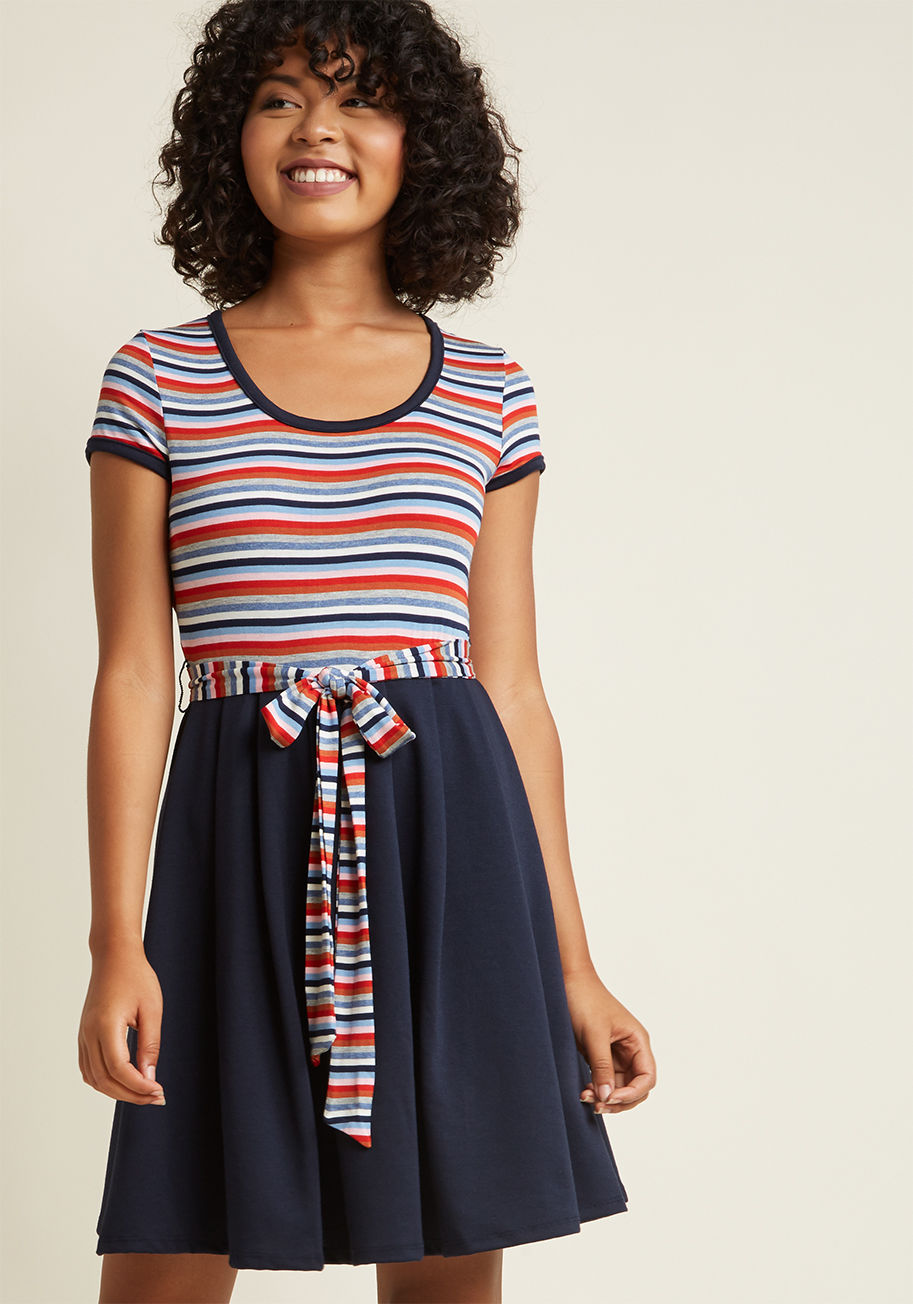  - What's better than one fashionista flaunting this twofer dress? Besties both rocking the scoop neck and sash tie of this sweet ModCloth exclusive! Starring a striped bodice trimmed with the very same navy blue hue held by its pleated skirt, this playful f
