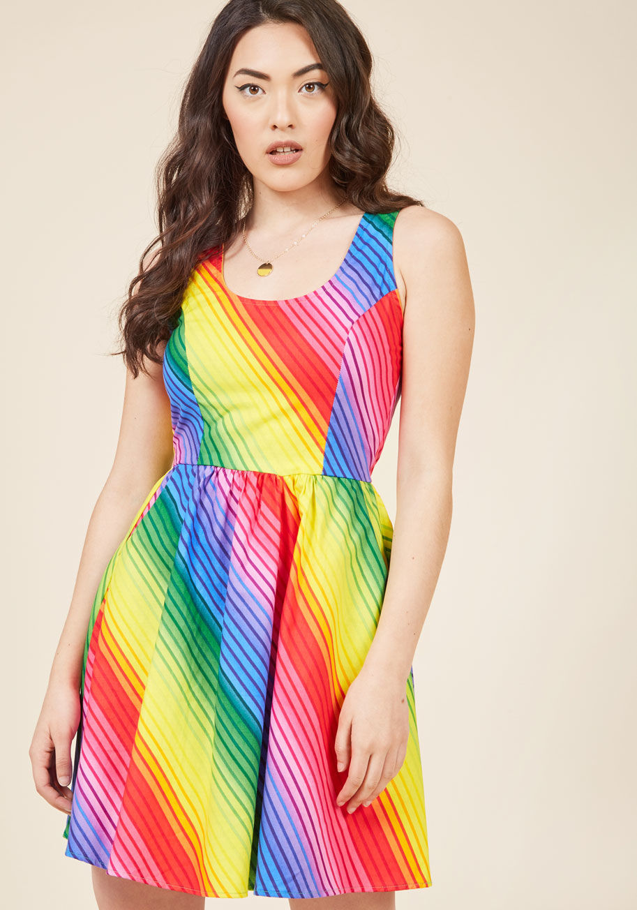 - When faced with tough decisions, you let this radiant rainbow-striped dress by Retrolicious do the talking! Unapologetically bright, comfortably cotton, and crafted