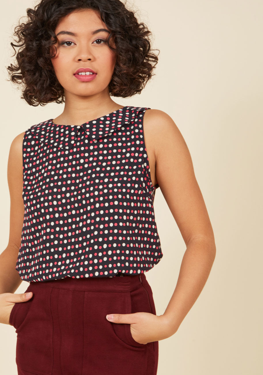  - When you have to wear a spiffy ensemble but don&rsquo;t want to don a dress, choose this checkered top! With its navy blue base and goldenrod pattern, curved collar, and smooth, woven fabric, this ModCloth-exclusive blouse shows that no stylish detail is 