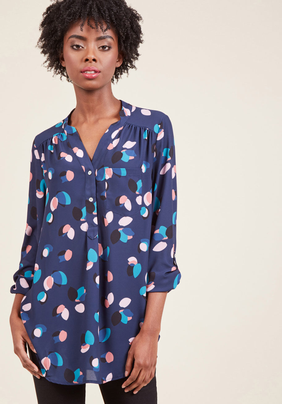  - When you want a work wardrobe that&rsquo;s subtle, stylish, and a bit romantic, make this navy blue blouse your business! Everyone will want to copy the modestly marvelous style of this ModCloth-exclusive top - its gathered shoulders, low collar, and over