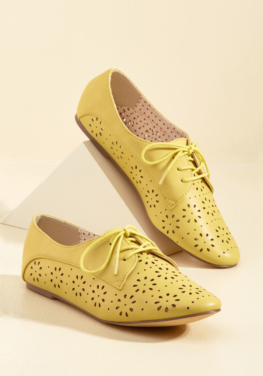  - Whether your outfit is floral-focused or building on basics, it could always benefit from the swift addition of these bright yellow flats! A fun and feminine offering from B.A.I.T. Footwear with their floral-shaped cutouts and classic derby silhouette, th