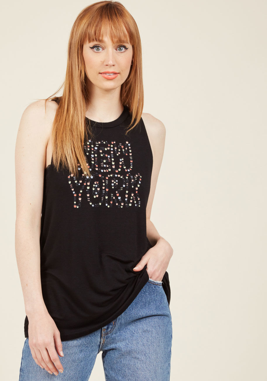  - Whether you're a proud resident of the city that never sleeps or an enthusiastic visitor, you'll love the urban energy of this black top! The muscle tee silhouette of this jersey knit number is home to a ModCloth-exclusive graphic of pastel apples galore 
