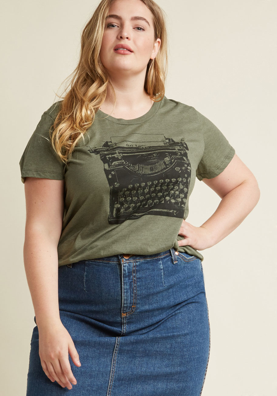  - Whether you&rsquo;re an aspiring novelist, an avid journaler, or simply a fan of prose, you can appreciate the screenprinted vintage typewriter on this olive-green tee! Wear black denim and an ivory cardi alongside this shirt's soft, cotton-blend knit, sc
