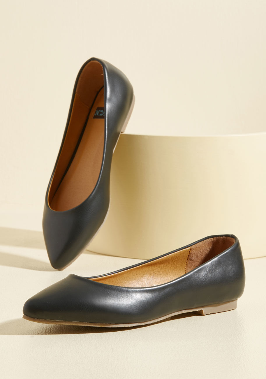  - While these black flats look simple on your shoe rack, their posh pointed toes infuse your every outfit with an 'it factor' that makes you a street style star! Made from vegan faux leather and exclusive to ModCloth, these versatile kicks boost your 'chic 