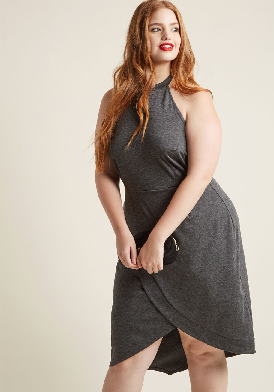  - With a halter neckline and darted bust opposite its sultry open back, and varying lengths of its asymmetrical, tulip-style skirt boldly displayed at each side of your stems, this heather grey sheath dress will captivate the crowd - no matter which aspect 