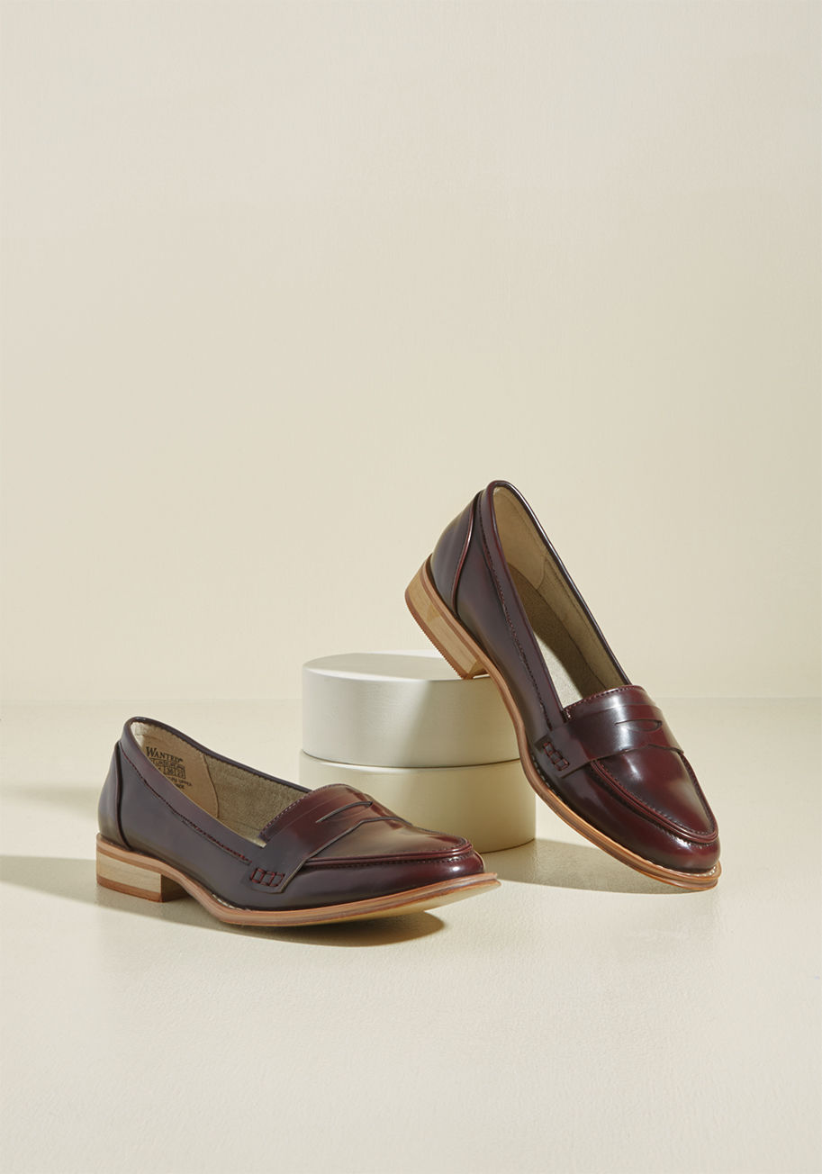  - With all your &lsquo;sole-searching&rsquo;, you were bound to find your perfect pair of shoes, and these deep burgundy loafers are it! Designed with smooth, vegan faux leather and a low heel, this pair sets out to be the most dashing of your favorite stap