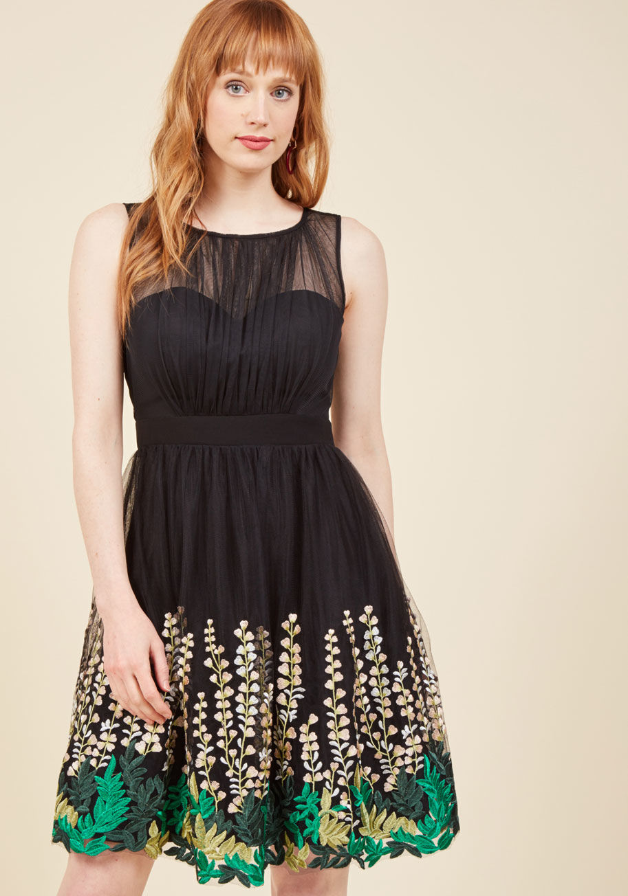  - With every twirl of this black fit and flare, you'll find your expression blossoming into the most sincere smile! This marvelous ModCloth exclusive makes it impossible to contain the joy its pleated mesh bodice, blush, forest, jade, and chartreuse hues, a