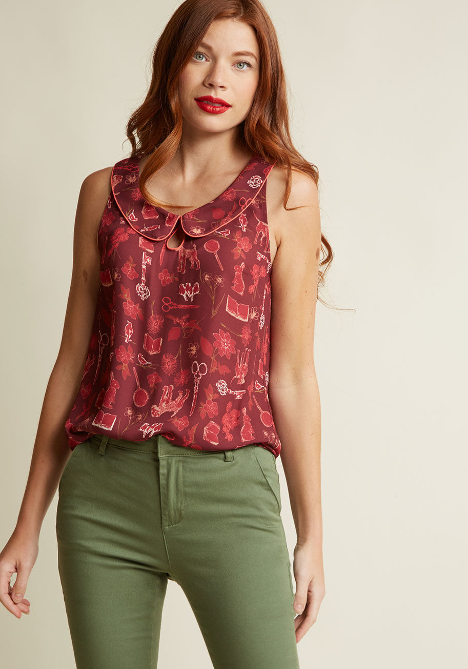  - With your dreamy fashion sense, envisioning your ideal ensemble is an all-day affair. This burgundy blouse from our ModCloth namesake label brings those sartorial fantasies to life with its Peter Pan collar, sweet keyhole, and print of plants, animals, to