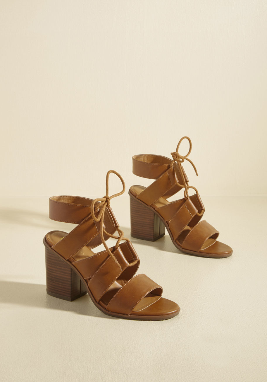  - With your latest pieces proudly displayed and libations cooling to the perfect temp, all that's left to do is don these tan block heels from BC Footwear before the gallery opening begins! Strappy, vegan faux-leather uppers give dimension to these lace-up 