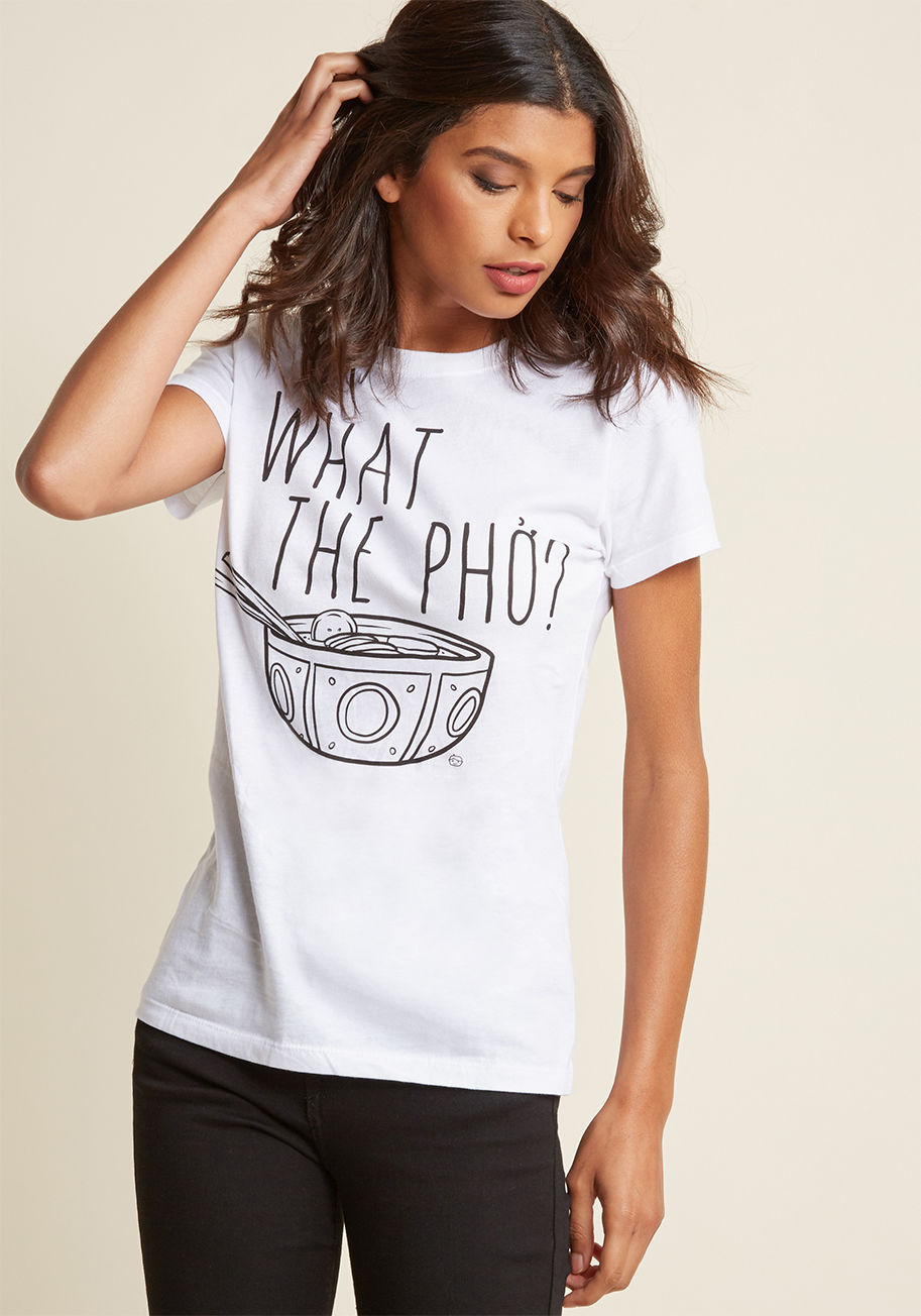  - Wondering where you can score the ultimate graphic tee? Use your noodle! This white T-shirt serves up cheeky wordplay as the main course atop its classic silhouette, effectively satisfying your craving for a look both light-hearted and full of flavor. Yum