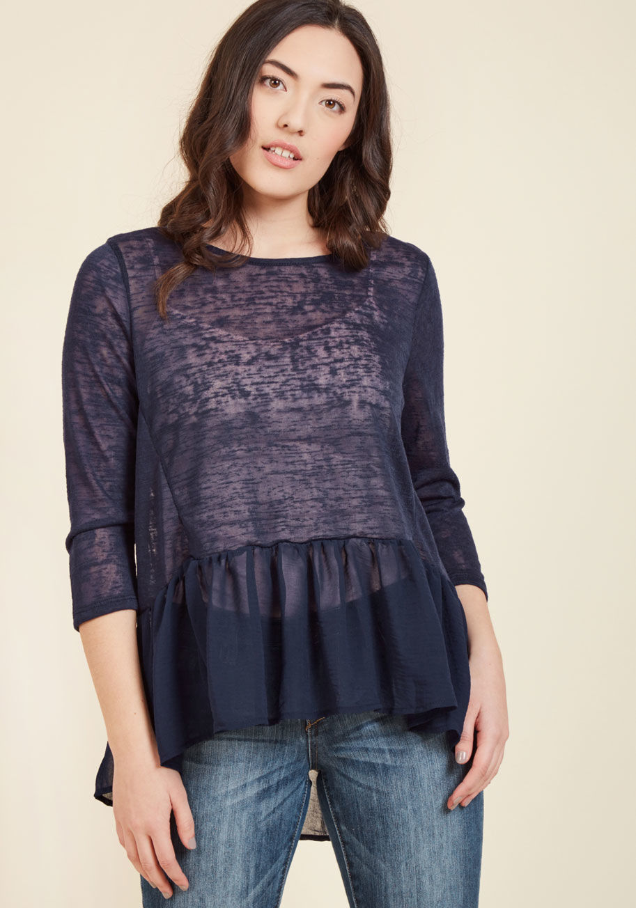  - Word on the street is, this navy top is the most adorable garment around! Not convinced by the rumors alone? Just peep the swingy chiffon peplum that borders this ModCloth-exclusive blouse's lightweight knit fabric, and you'll understand just what all the