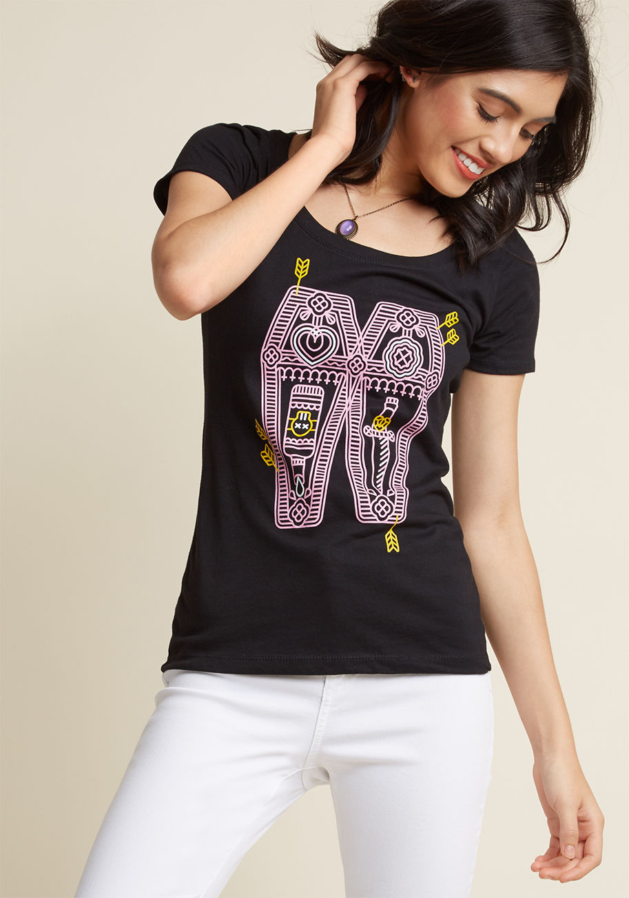  - Would a black graphic T-shirt by any other name wear as well? That's for you to decide! While you're certainly welcome to call this cotton offering from Out of Print whatever you like, it's electric pink and yellow graphic that represents Romeo and Juliet