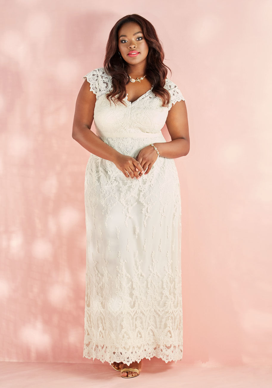  - You always wanted your special day to be one for the books, but this soft pink gown makes your ceremony an occasion for the ages! A ModCloth-exclusive design brought to life by a scalloped neckline and cap sleeves, intricate embroidery, and delicate butto