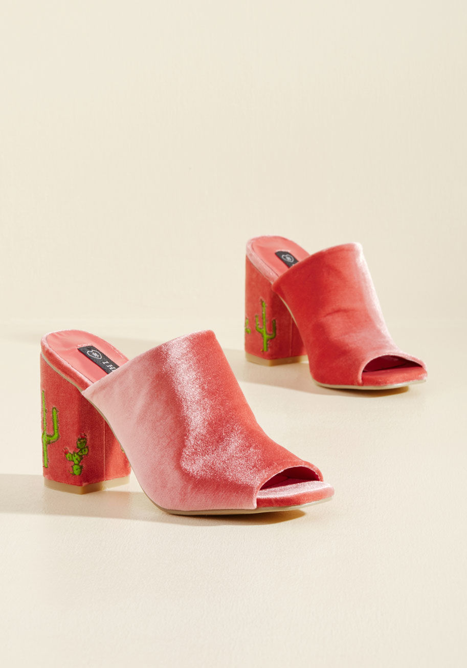  - You care deeply for your friends, kill it at your job, and are the portrait of achieved responsibility - so celebrate all that makes you incredible with these pink mules! The cacti-embroidered block heels and super-soft velvet of these ModCloth-exclusive 