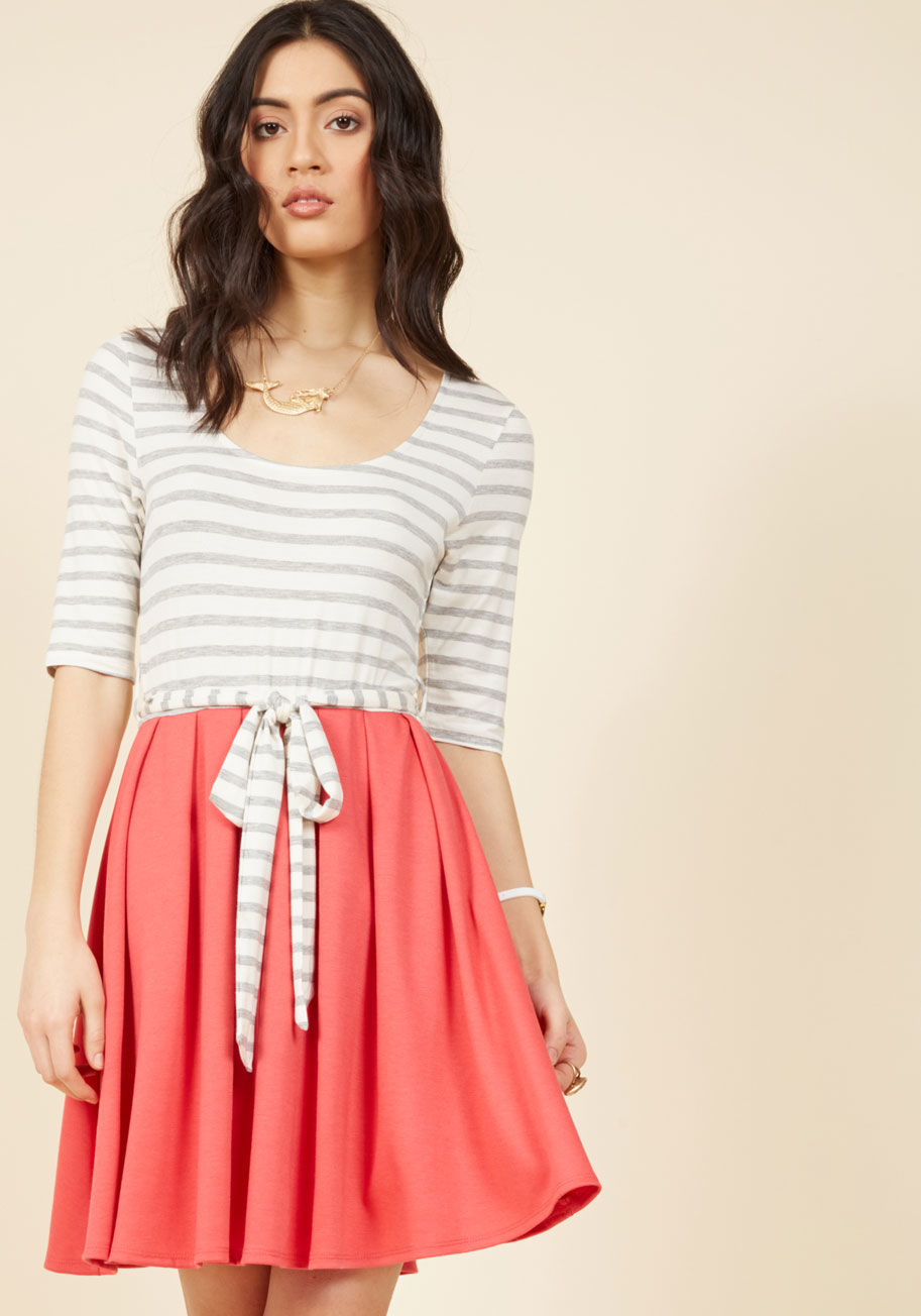  - You don&rsquo;t need to be a fortune teller to see that this twofer dress will become an integral part of your wardrobe! A ModCloth-exclusive design with trending potential, this pleated A-line - with its navy stripes, cropped sleeves, and goldenrod skirt