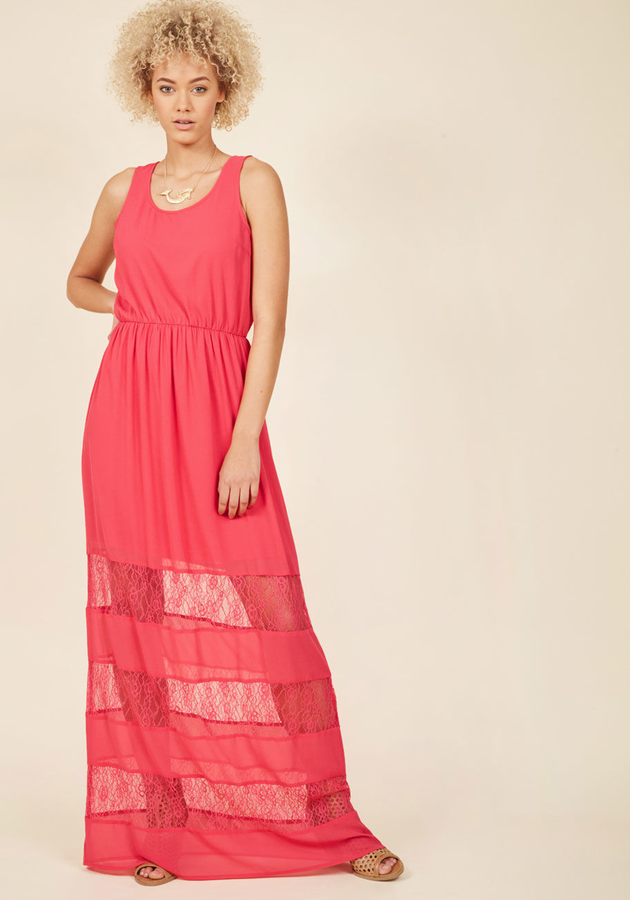  - You summon a commanding presence each time you slip into the sheer lace bands of this bright pink maxi dress. With a scoop neckline opposite a panel-streaked V-back, and an elasticized waistband, this solid dress welcomes any accessories you choose to mak