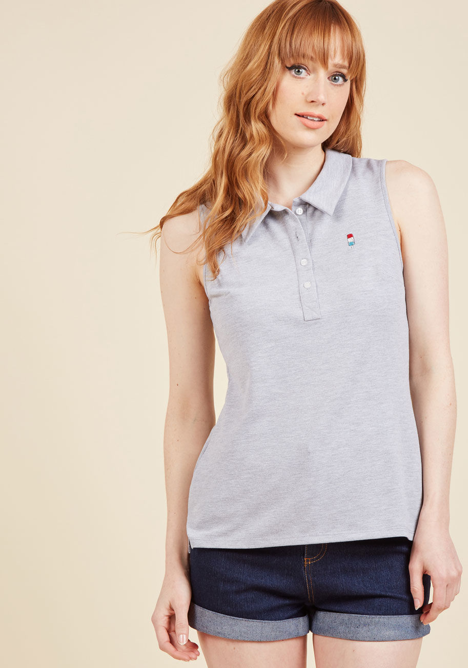  - You'll feel a fireworks connection with your most stylish self when this sleeveless polo shirt is part of your look! A casual separate from our ModCloth namesake label, this heather grey top touts a petite embroidered ice pop on its buttoned chest, cool s