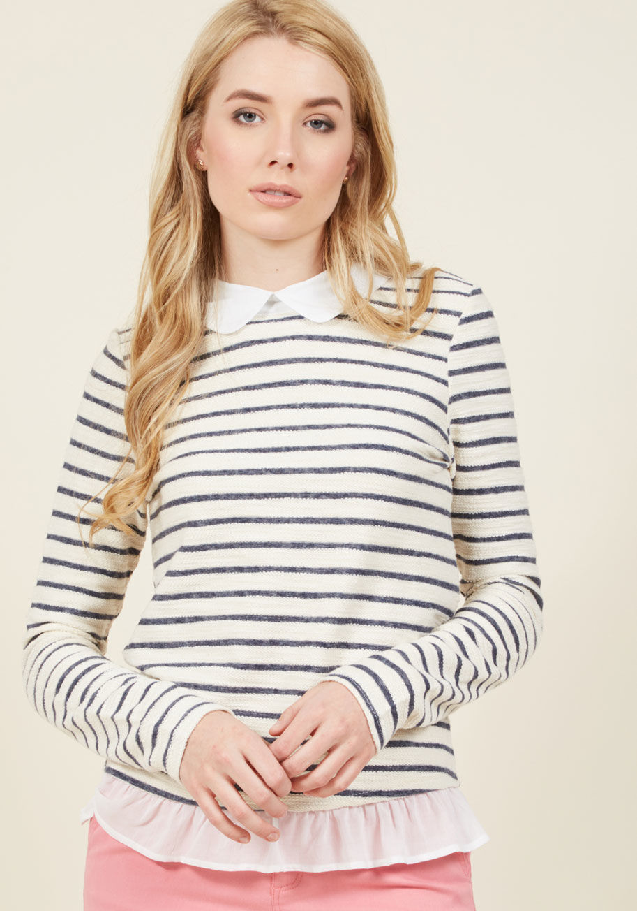  - Your career ladder climb is one of skill and insight, and this striped top is thrilled to come along for the ride! Creatively detailed like your business acumen with its unique knit fabric, and polished with a crisp collar and ruffled hem, this blouse sta