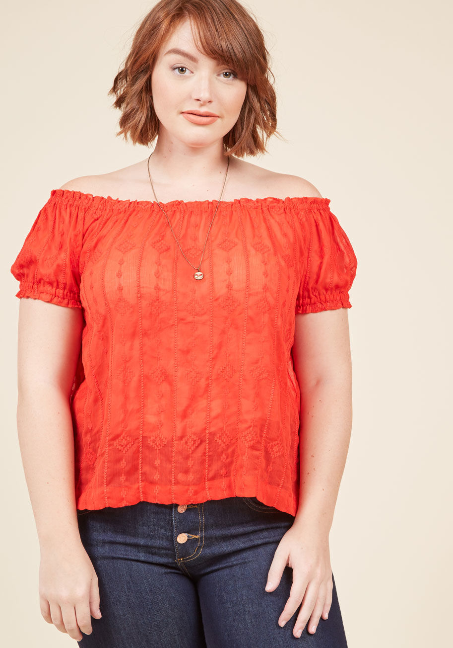  - Your debut of this white top is an historically stylish event! Additionally, each new ensemble you sport with this ModCloth namesake label blouse's off-shoulder silhouette, sheer material, and subtle geometric embroidery will reveal your heightened knack 