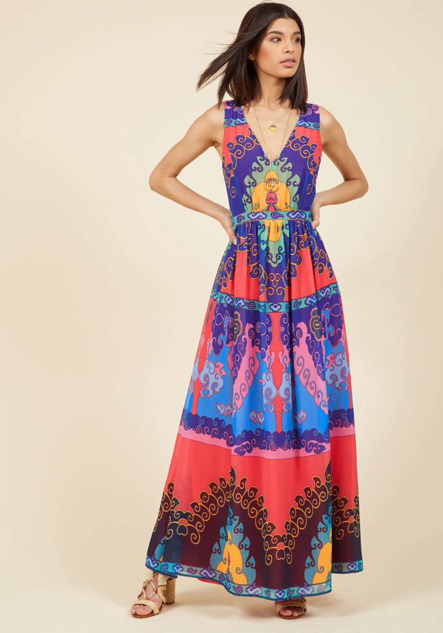  - You&rsquo;ve already imagined a handful of ensembles with which to adorn this dusk blue maxi dress - keep at it and we know you&rsquo;ll come up with lots more! This ModCloth namesake label number offers a V-neckline, gathered waist, and chiffon length fu