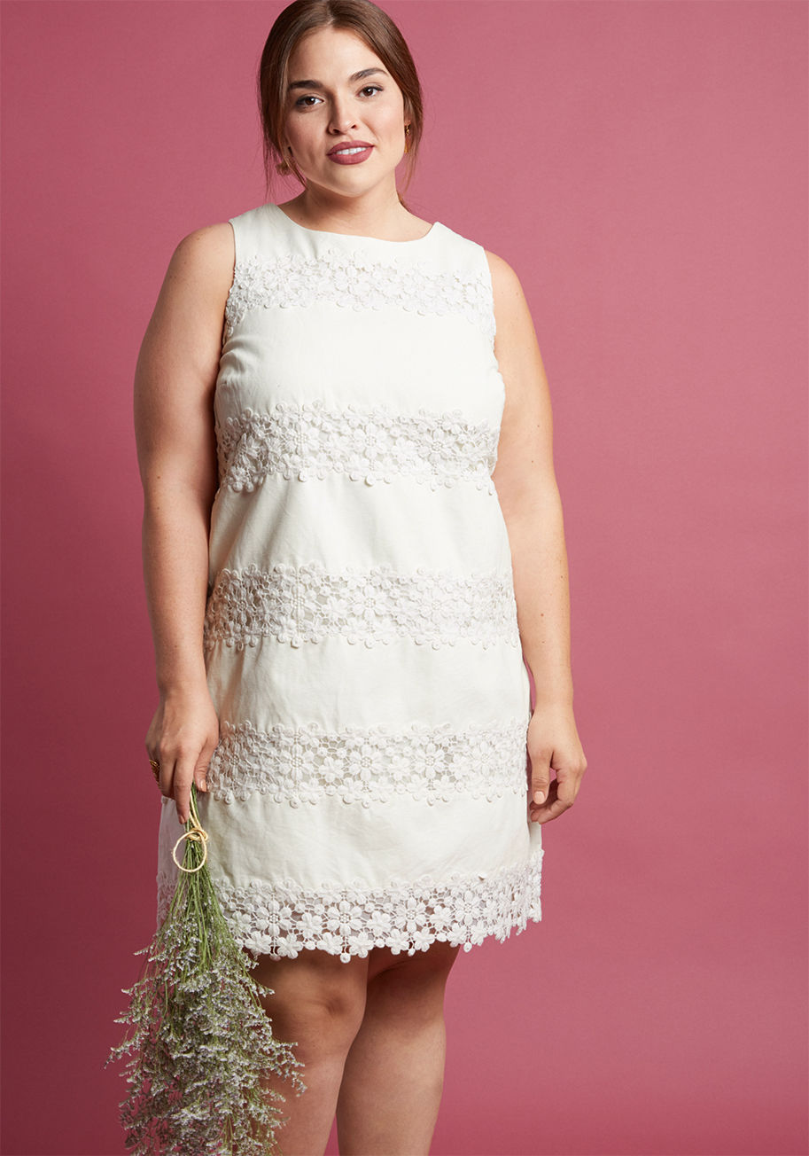  - You've opted to keep your nuptials short, sweet, and sentimental, which is further reflected by the design of your ivory shift dress! A breathtaking frock from our ModCloth namesake label, this weighted cotton stunner delights with panels of feminine flor