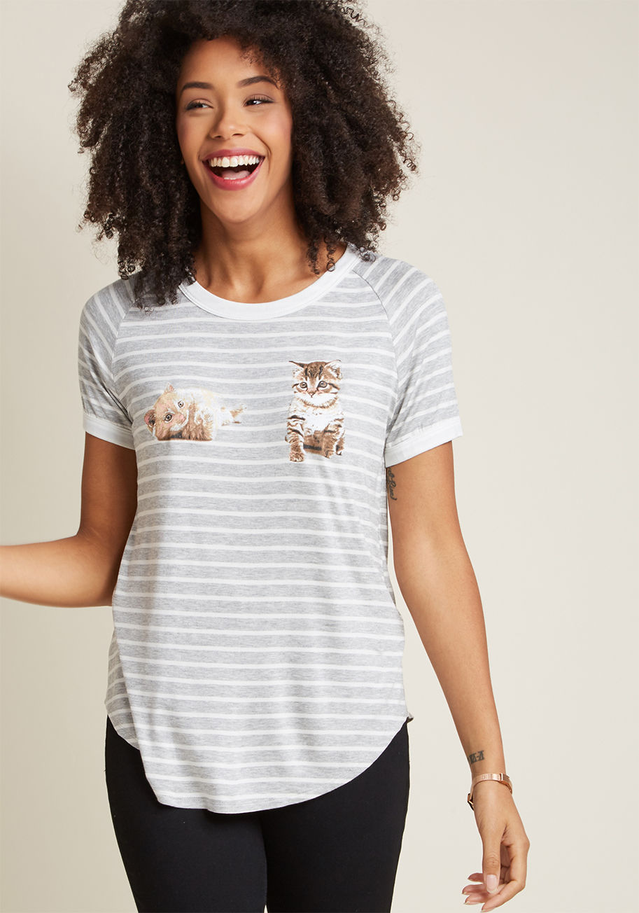 There's no better time than the present to make this striped T-shirt the newest addition to your wardrobe! Atop a palette of heather grey and white hues rests two charming kitties, making for a ModCloth-exclusive look so wondrous, it can only be described by 2688R848