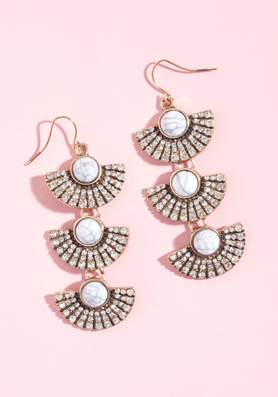 When you need to add a dash of Deco delight to your best looks, turn to these tiered earrings. This metal pair, detailed with petite rhinestones and faux-howlite centers on their delicate fan shapes, provides the ceremonial flourish that your ensembles se by 444136ER-001