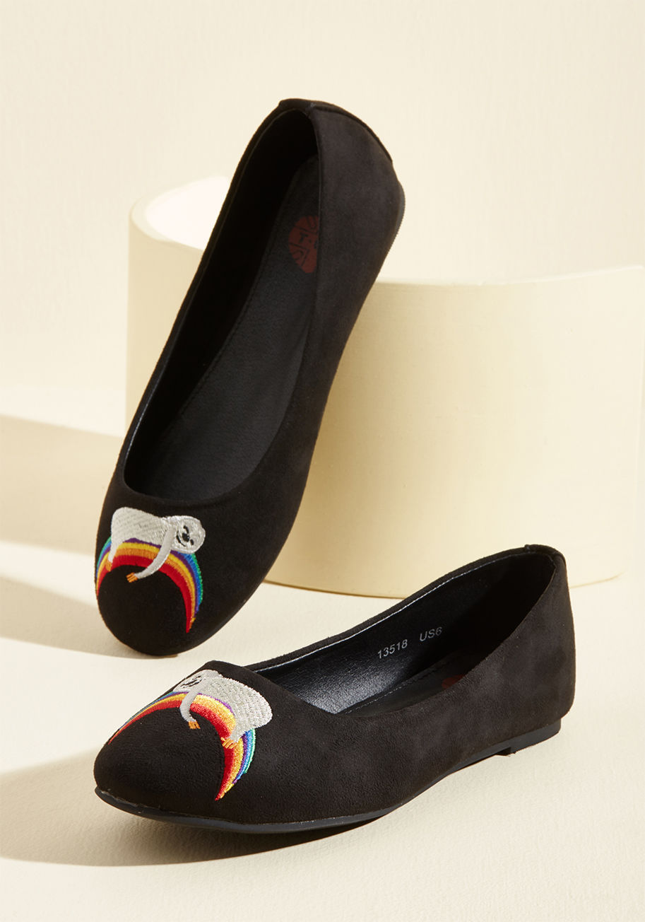 A9381L - Don't be surprised to find passersby reducing their speed to get a closer look at your black ballet flats! These PETA-approved, vegan faux-suede skimmers from T.U.K. are sure to stop traffic with their ModCloth-exclusive motif of embroidered sloths slumbe
