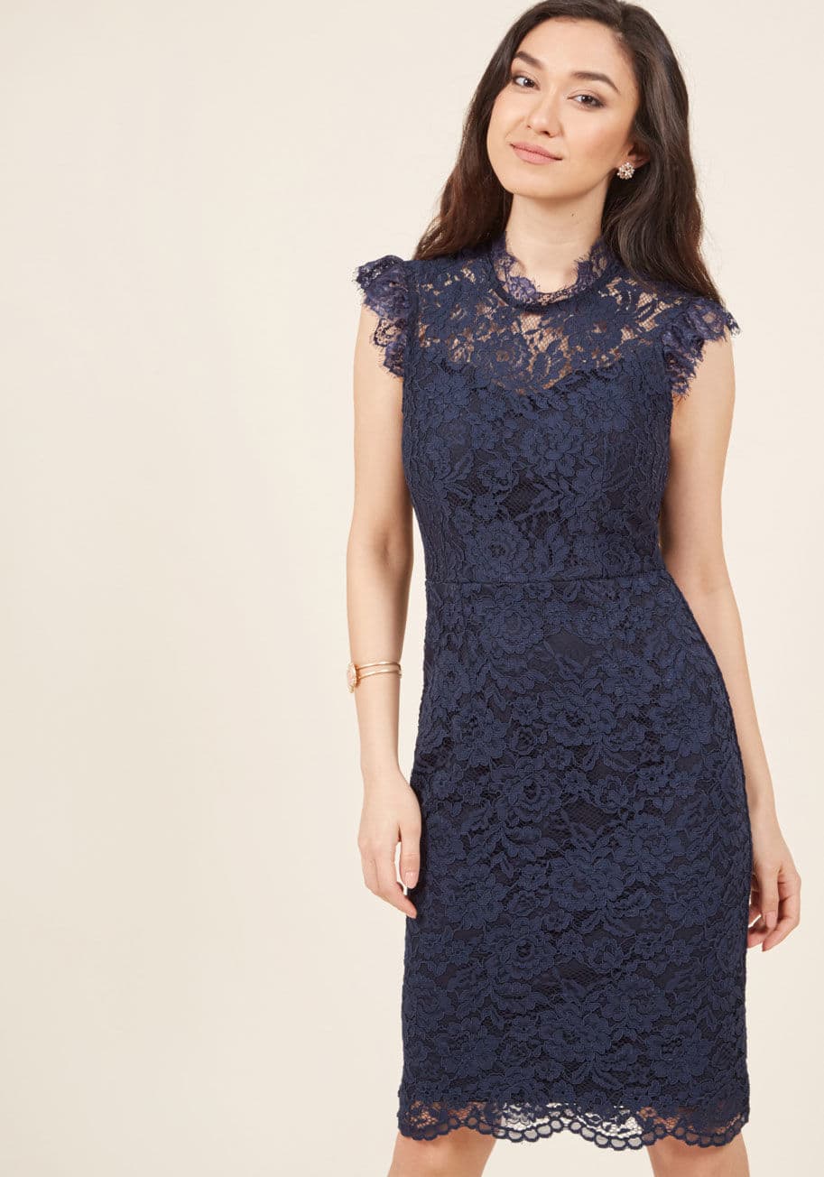 AFA3447 - If we could describe this vintage-inspired dress with one word, it would be love ! Not just because we're head-over-heels for the lavender floral lace and ladylike sheath silhouette of this ModCloth-exclusive style, but also because its mock, illusion nec