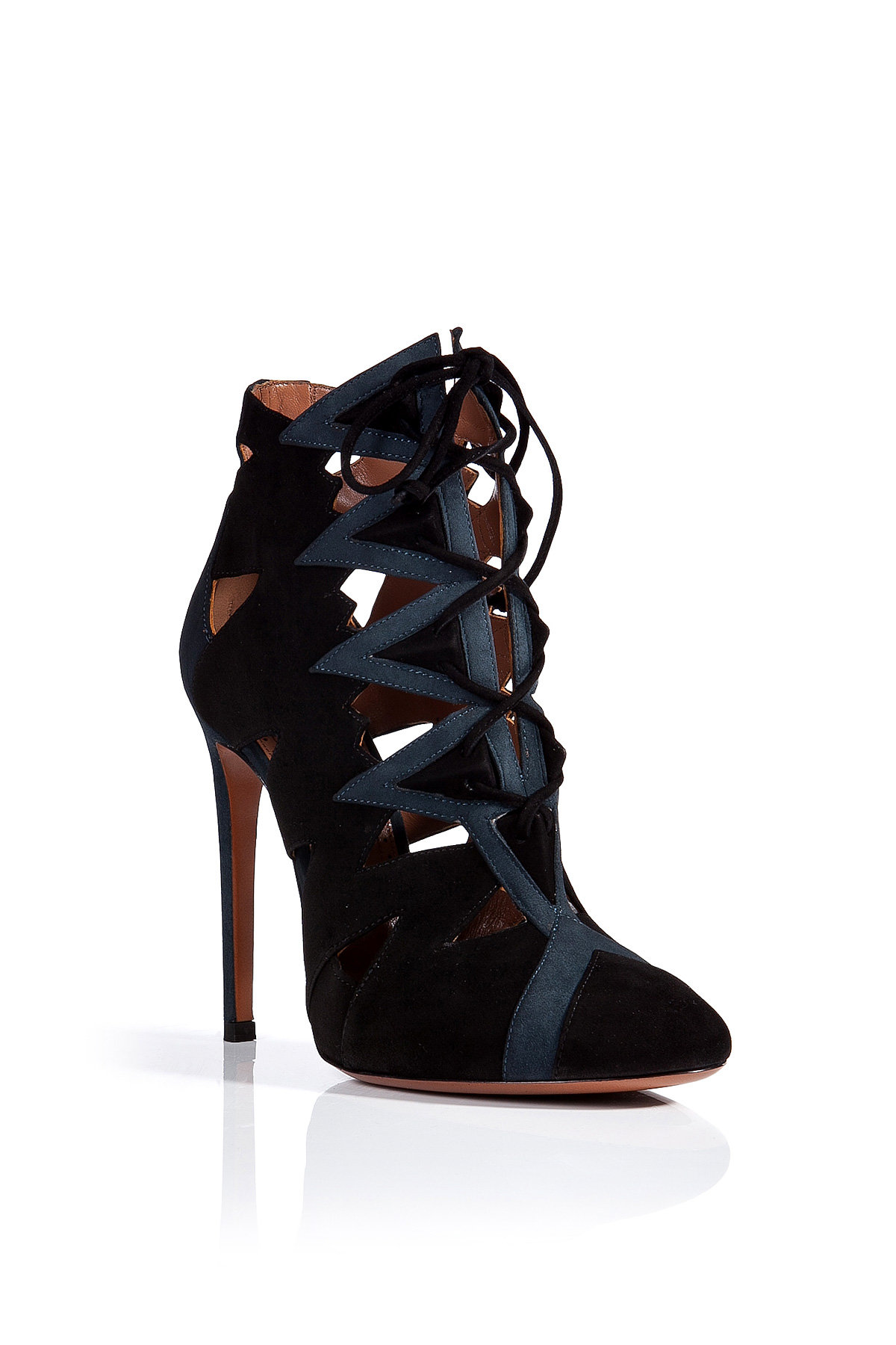 Alaia - Suede Lace-Up Cutout Ankle Boots in Black/Blue