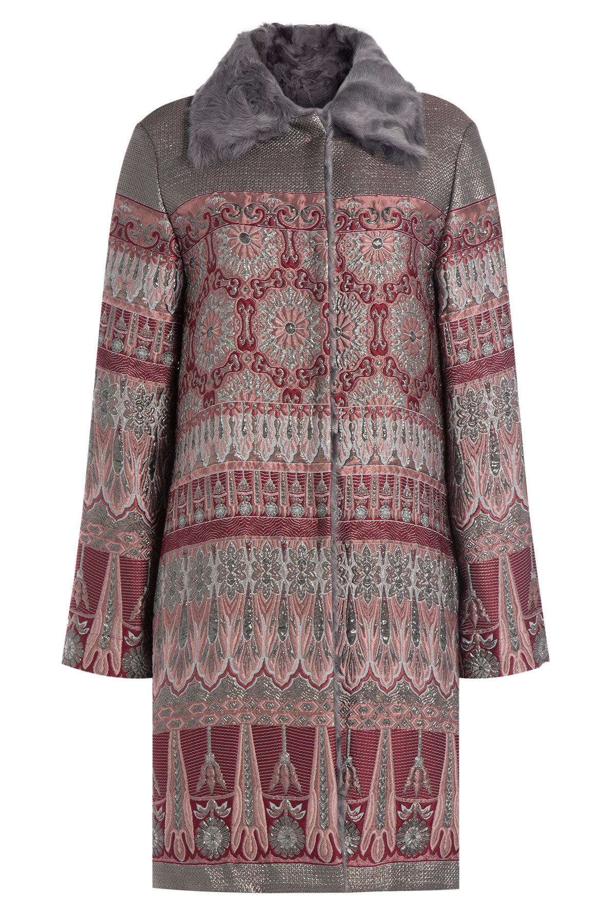Jacquard Coat with Shearling Collar by Alberta Ferretti