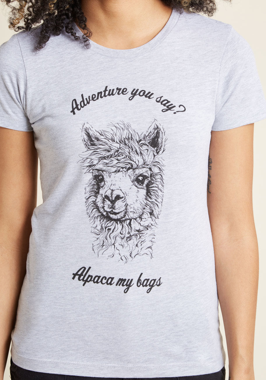 Alpaca My Bags - It's the definition of quirk, spontaneity, and sass - wait, we forget if we're talking about this heather grey graphic tee or YOU! Your perfect match for both road trips and random adventures closer to home, this fitted top, with its illustrated alpaca pu
