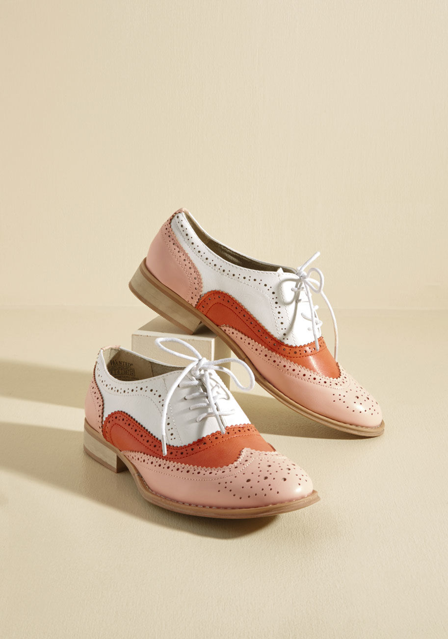 Babe - And now for your feature presentation - these colorblock wingtips! Putting a flashy spin on the classic style, these thrilling, faux-leather kicks boast a palette of vanilla, strawberry, and watermelon hues, sandy-colored soles, and tons of personality.