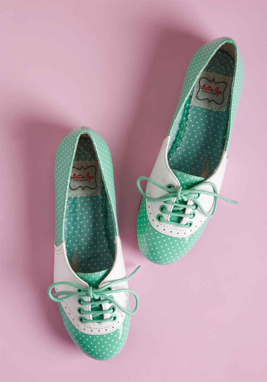 BP100-Halle - Lace up these Oxford-inspired flats by Bettie Page for your date with the library! Constructed partially from patent faux leather and flaunting delicate perforations atop a dotted-mint-and-cream color scheme, these ModCloth-exclusive kicks are the cutest 
