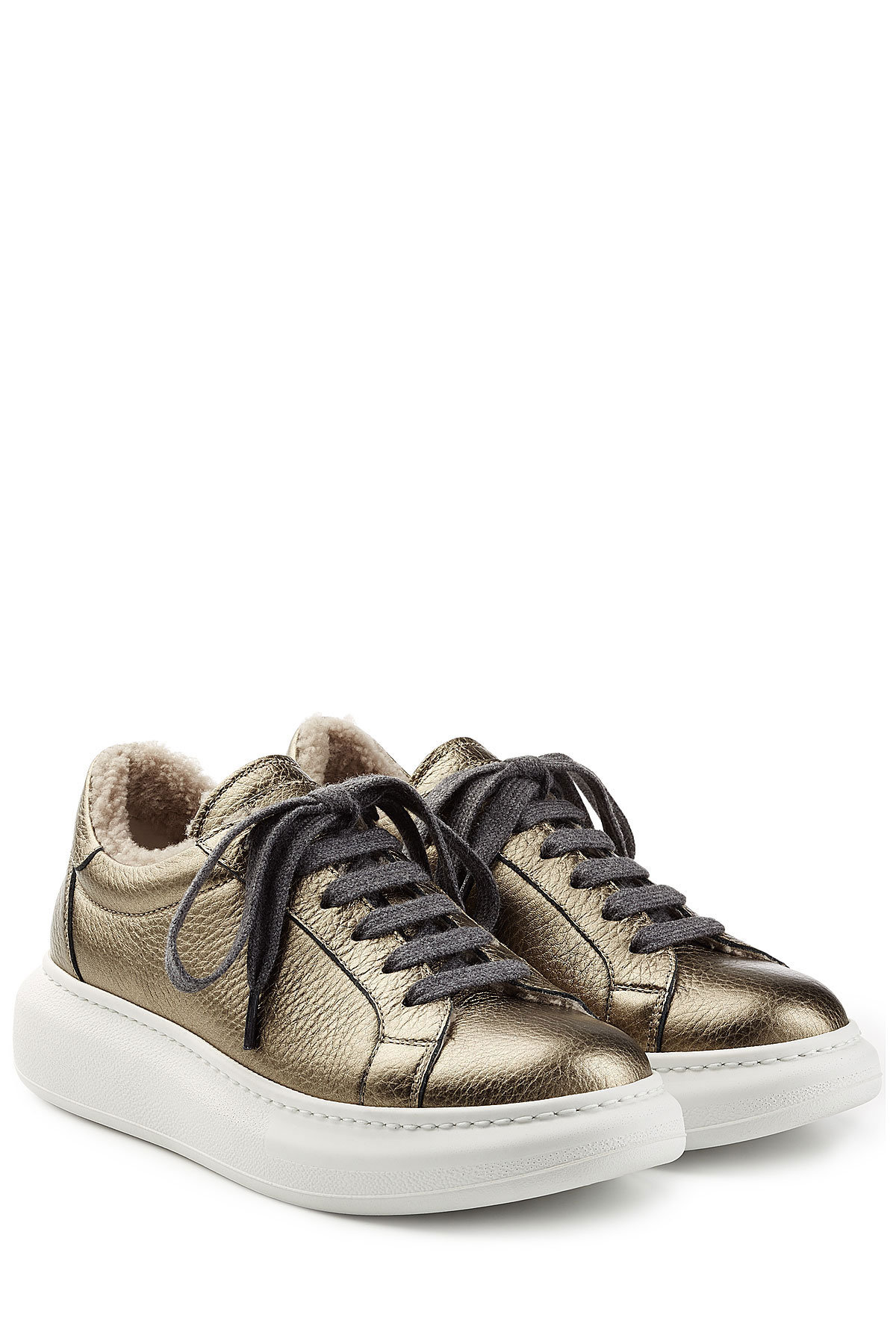 Metallic Leather Platform Sneakers with Sheepskin by Brunello Cucinelli