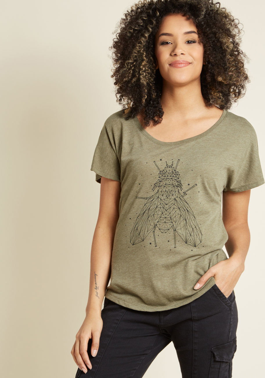 Bug - With your aspirations as your 'glide,' this olive green graphic tee will fly you fashionably into a state of casual moxie. Designed with a wide neckline, dolman short sleeves, and a black graphic of an awesome insect constellation, this jersey knit top wi