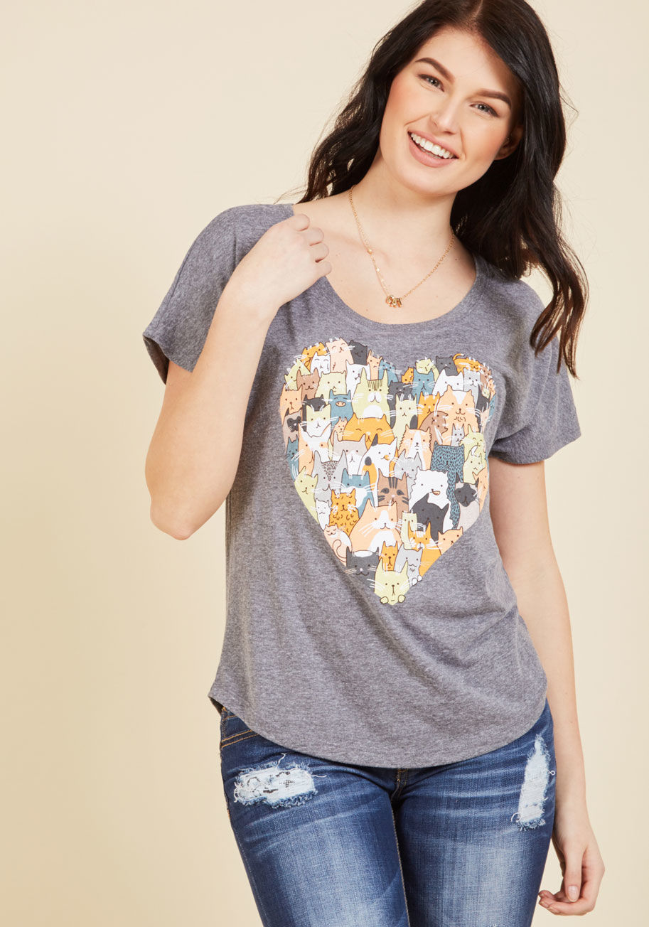 There's an endless array of ways we could express our affection toward this grey T-shirt, but for the sake of characters, we'll keep it brief! Just peep the ModCloth-exclusive print of a heart-shaped gang comprised of kitties galore, and you'll be gushing by Cat Love