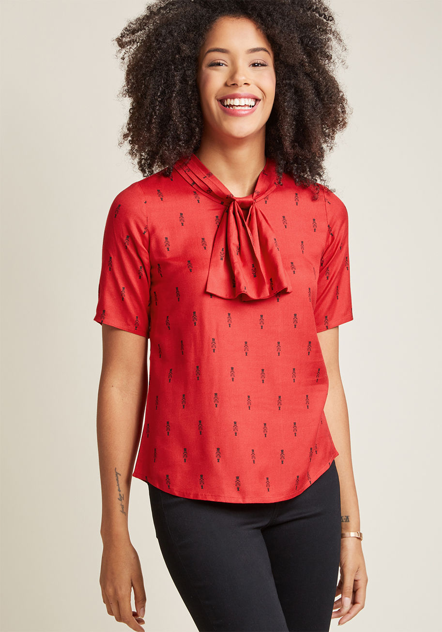 You love a polished top with a hint of something special, so we're certain you'll adore this bright red blouse! The knotted neckline detail and half sleeves of this work-ready piece make it perfect for the office, while its ModCloth-exclusive pattern of b by CB007B