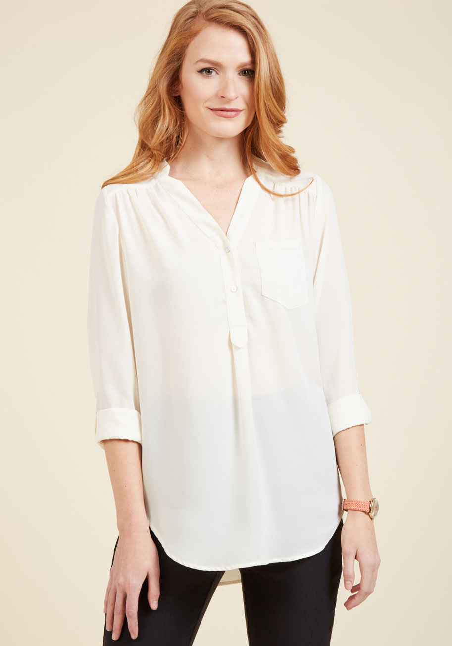 CD1474 - When you want a work wardrobe that&rsquo;s subtle, stylish, and a bit romantic, make this ivory blouse your business! Everyone will want to copy the modestly marvelous style of this ModCloth-exclusive top - its gathered shoulders, low collar, and iridesce
