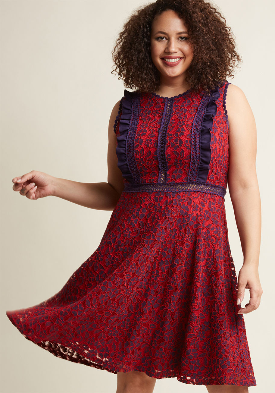 If it's details you adore, then you've found the right frock! This red lace dress - a ModCloth exclusive - indulges your every intricate whim with its scalloped neckline and arms, bodice ruffles, and transparent trim down the bust and around the waist, al by D15534CIS