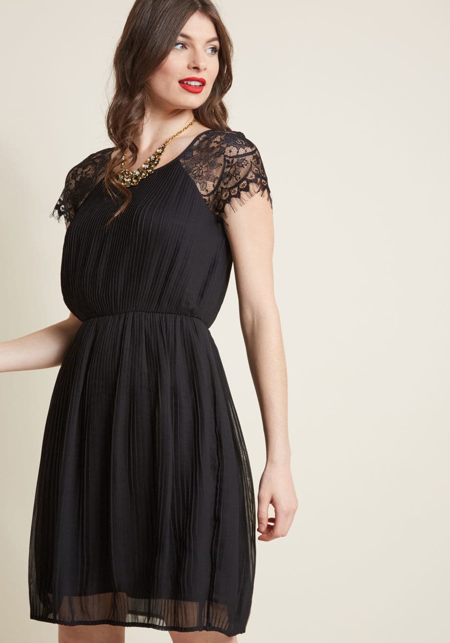 This A-line dress dons tasteful top-to-bottom pleats, but that's just the start of it. Further charmed with sheer lace shoulders 'n' cap sleeves, a back keyhole, and an elasticized waistband, this ModCloth-exclusive frock is sure to find you feeling your  by D165a