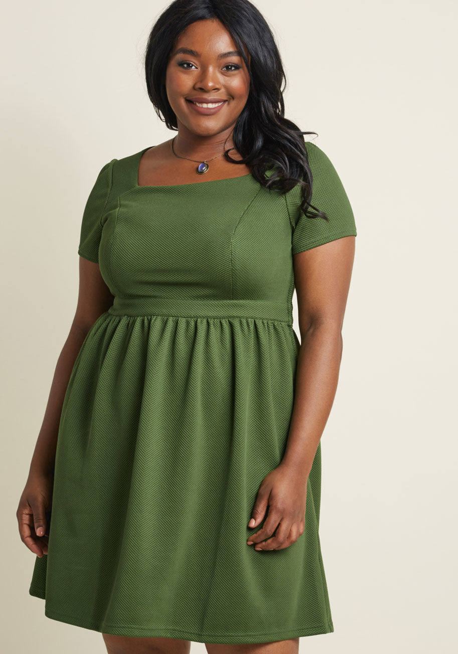 It's all we can do to avoid flaunting this dress every single day of the week! It's just that its simple A-line silhouette and bright green hue can be styled so very many ways! Straying from the norm with a square neckline and textured knit, this ModCloth by D61218