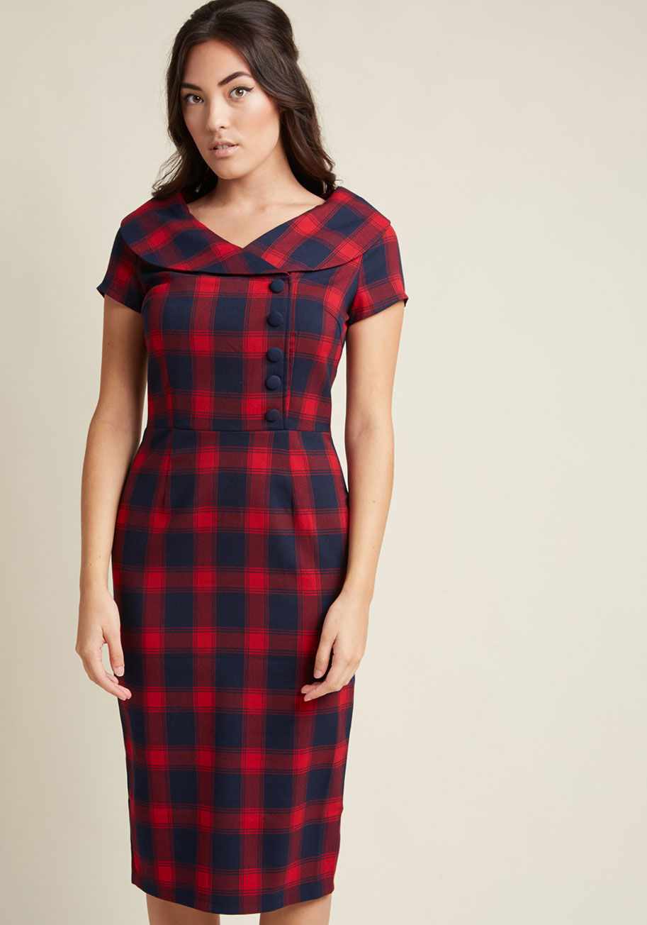 This woven wiggle dress is perfectly personality-filled and such a throwback! The main event is its wide collar, but its short sleeves, navy asymmetrical buttons, red plaid pattern, and sassy silhouette are every bit as memorable and totally filled with m by DRA8536