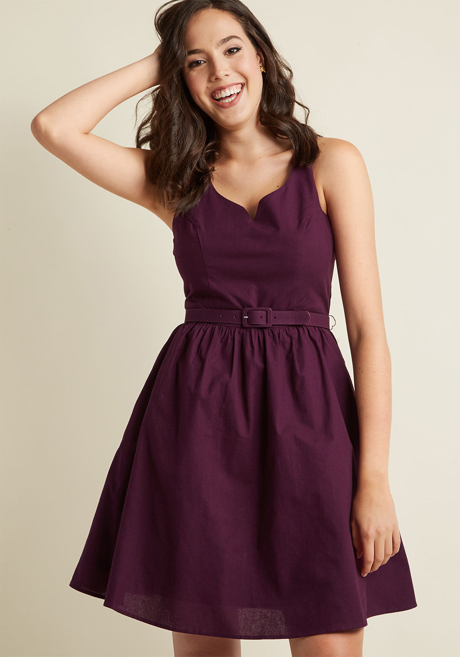 FA17MCD1112B - This cotton dress is so darling, even the birds will sing its praises! A pocketed part of our ModCloth namesake label, this deep purple frock is accented with a notched neckline and finished off with a self belt - bringing bliss to all who see you flit by