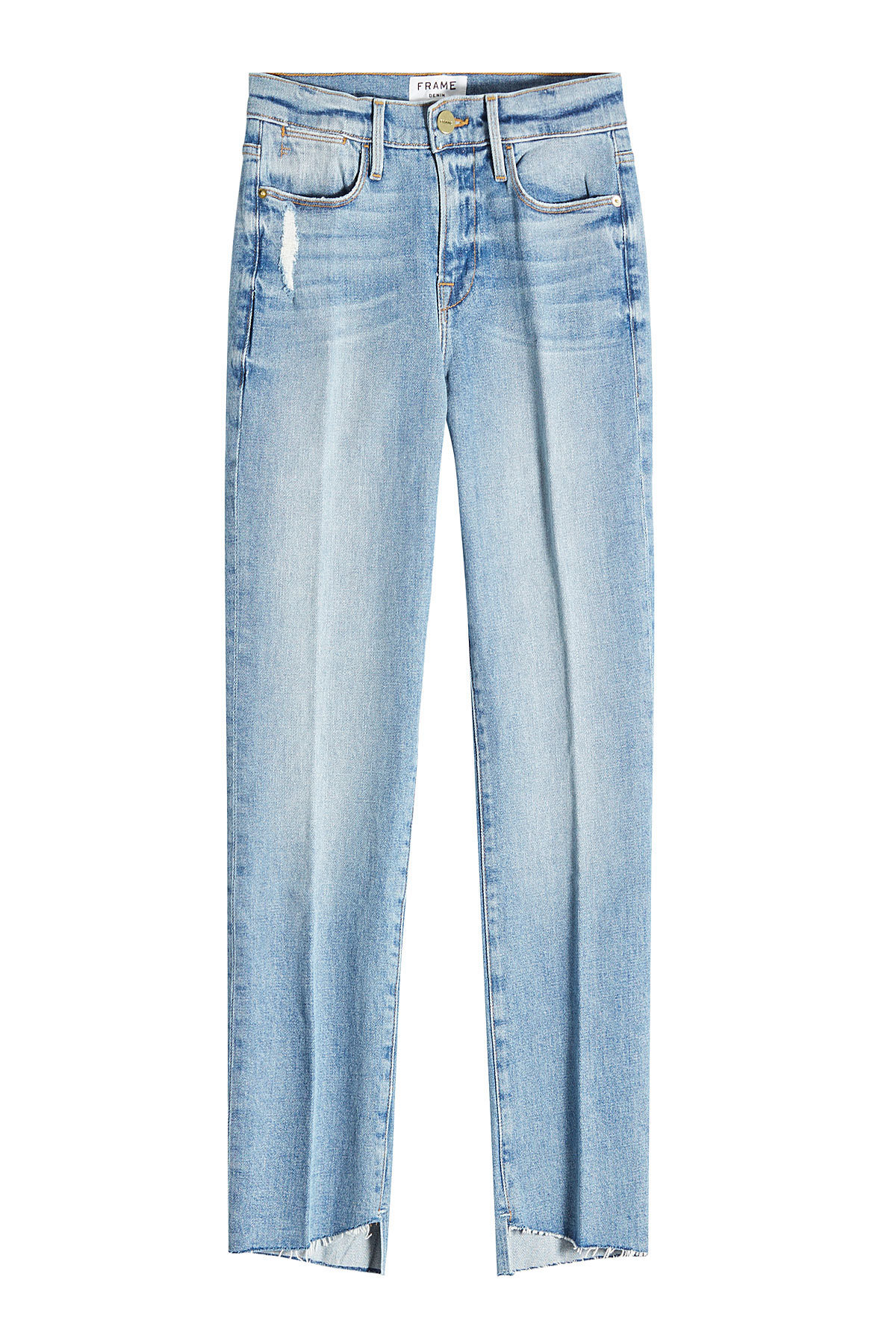 Distressed Straight Leg Jeans with Asymmetric Hem by Frame Denim