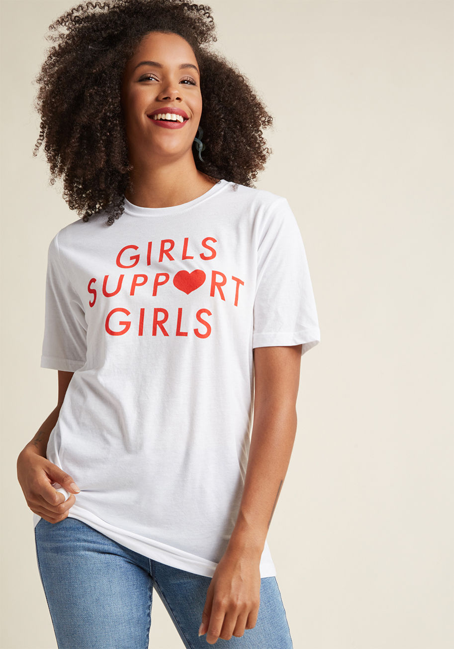 Loving the empowering screen print that adorns this white T-shirt? So are we! Our shared admiration for the rallying red graphic on this top is surefire proof that its style speaks the truth. Meanwhile, its unisex fit encourages everyone to join by Girls Support Girls Tee -
