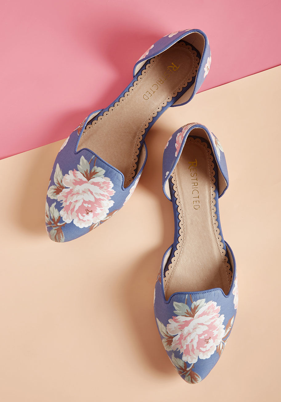 Glory - While a good night&rsquo;s rest makes for a refreshed morning, wearing these d&rsquo;Orsay flats all day leads to a rejuvenated evening! Supported by a muted blue base hue and painted with a lush floral print, these loafer-like kicks by Restricted welcome