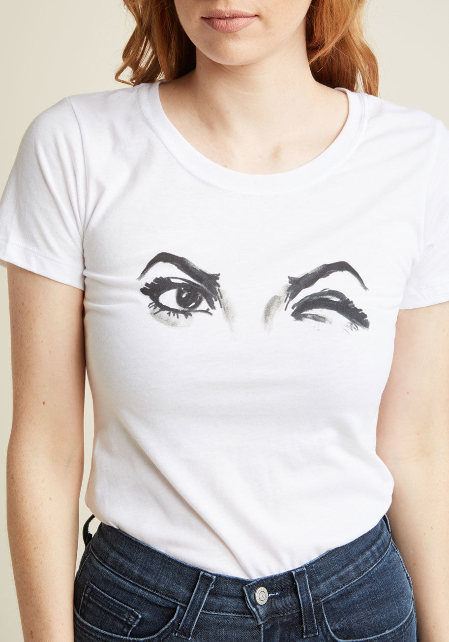IMF0150220 - Don't spend all day wondering which top to wear - just grab this white T-shirt and go from there! Pair up the snug silhouette and flirtatious black graphic of this alluring tee with any other pieces you please, and you'll be delighted to find that your lo